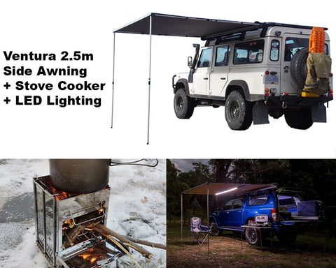 Ventura 2.5M Side Awning + LED Lights + Wood Burning Stove Cooker